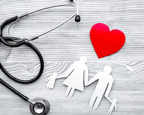 Choose health insurance. Stethoscope, paper heart and silhouette of family on grey wooden background top view.